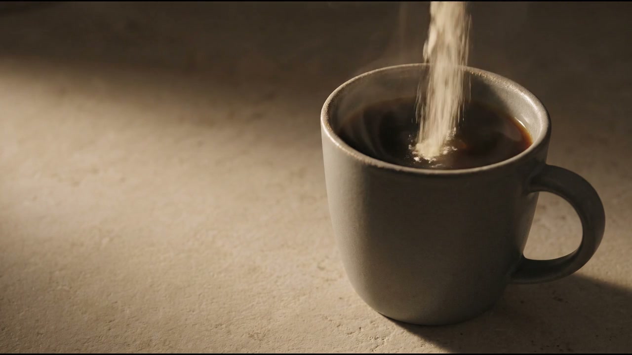 A cup of black coffee on a stone counter in low morning light
