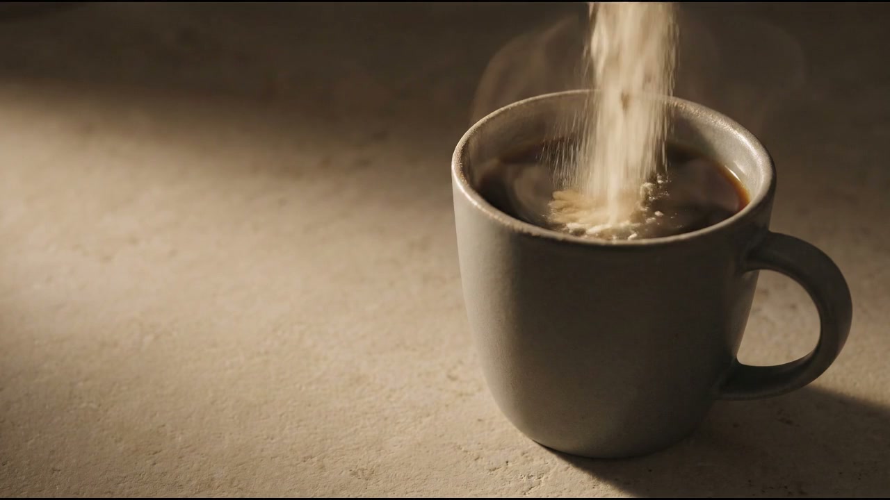 Cream coloured collagen powder falling into a cup of black coffee